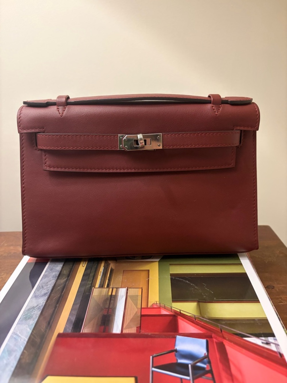 Unbranded H Kelly Pochette Style Bag Burgundy Silver Hardware Clutch - Picture 2 of 12